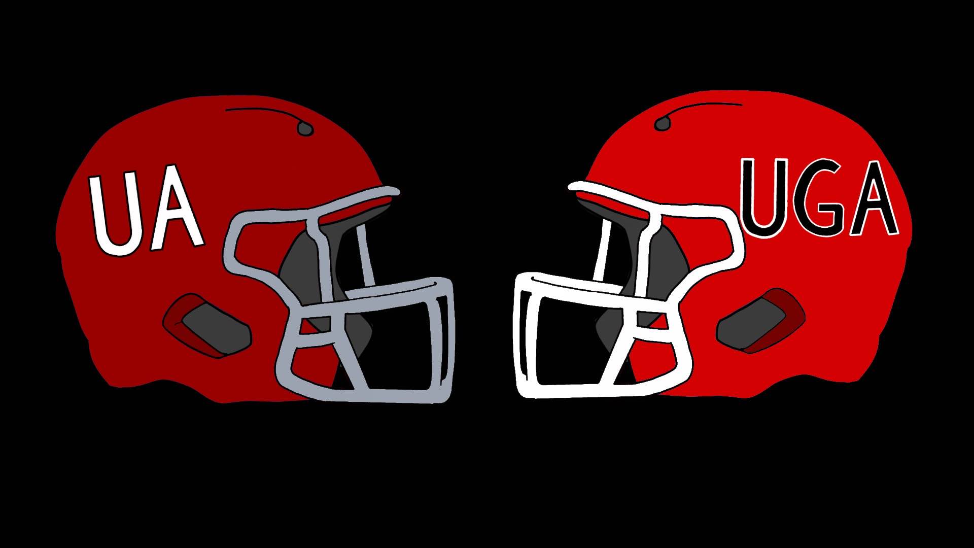 Two football helmets facing each other, one labed UA and the other UGA