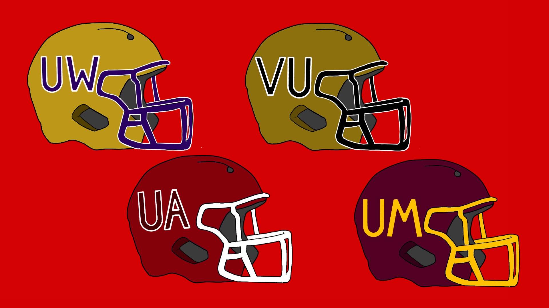 Four Football Helmets