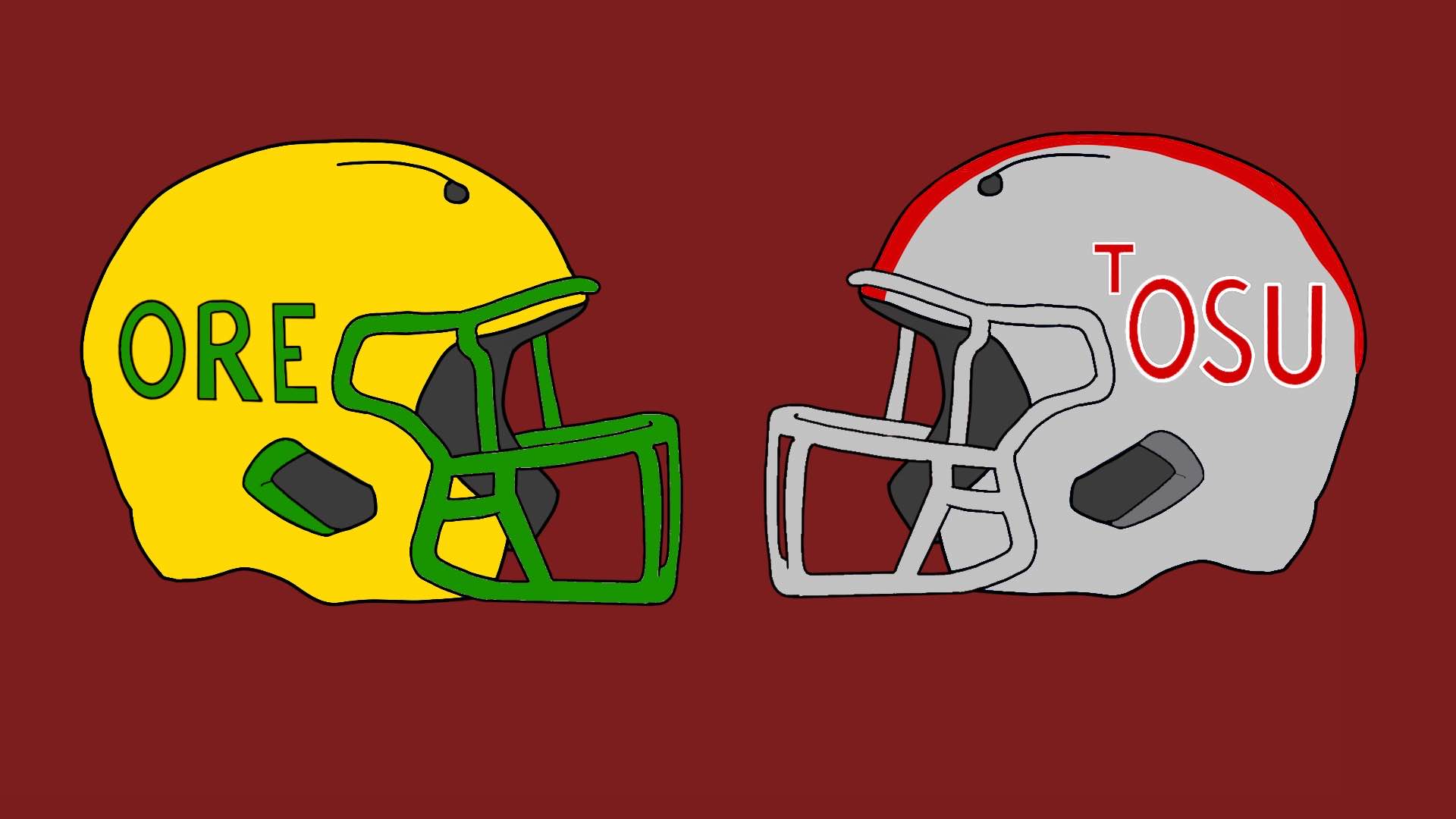 Two football helmets facing each other, one labed ORE and the other OSU