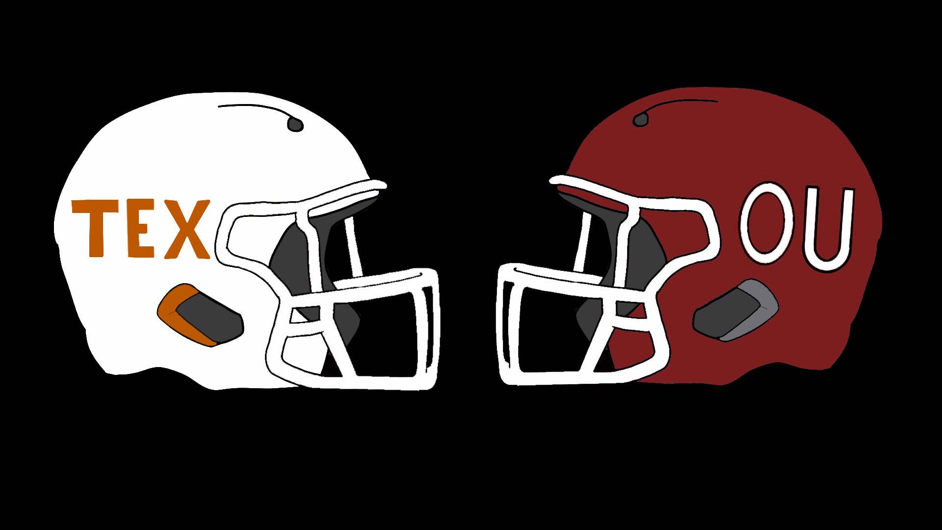 Two football helmets, one labeled for UT the other for OU